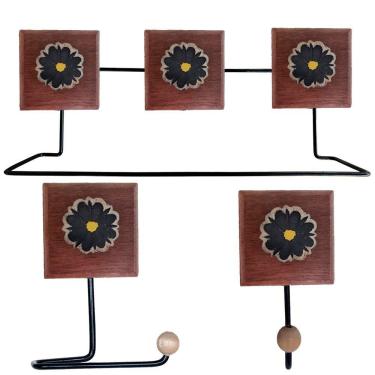 Imagem de Kit Banheiro 3 Peças Toalheiro Cabideiro Porta Papel Papel Com Flores Coloridas Cor Preto