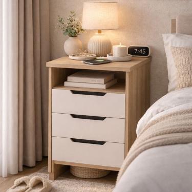 Imagem de Mesa de Cabeceira 3 Gavetas 100% Mdf Barcelona Off White/Carvalho