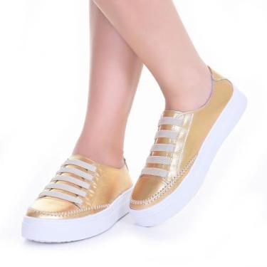 Imagem de Tênis Feminino Casual Dourado de couro Ajuste Elástico - Izabela Araúj