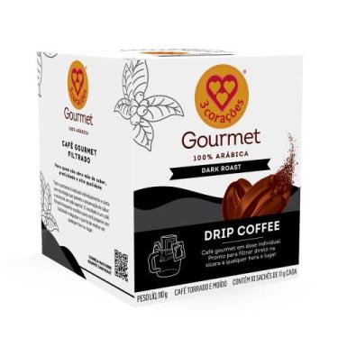 Imagem de Café Gourmet Dark Roast Drip Coffee 3 Corações 10 Sachês, Preto