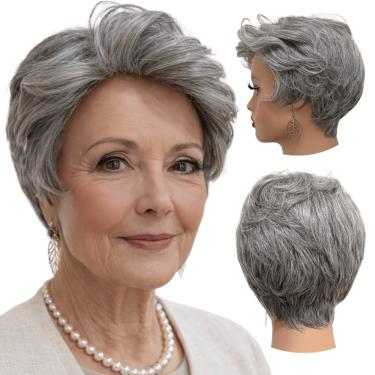 Imagem de Peruca curta grisalha pixie unissex orgânica wig elegante 51