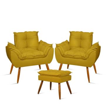 Imagem de Kit 02 Poltronas Decorativas Opala Com Puff Para Apoio Dos Pés Suede Amarelo Balaqui Decor