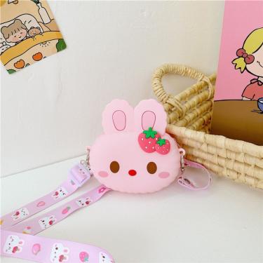 Imagem de Bolsa Infantil Coelho Oval para Moeda com Alça Crossbody em Silicone Fácil de Limpar Rosa OEM