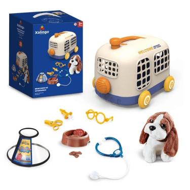 Imagem de Brinquedo Infantil Brincando de Veterinário 12 Peças com Caixa de Transporte Que Vira Carrinho Azul Xalingo Brinquedos