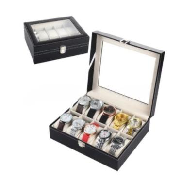Imagem de Caixa Organizadora para Relógios Unissex Estojo Linha Couro para 10 Peças em MDF com Vi...