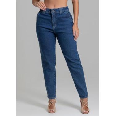 Imagem de Calça Jeans Feminina Cintura Alta Sawary Premium Mom e Barrel, Azul, 4