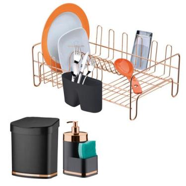 Imagem de Kit Cozinha 3 Peças Escorredor Louça Talheres Lixeira 2,5L Dispenser D