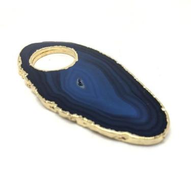 Imagem de Porta Guardanapo Chapa de Ágata Azul Com Furo e Borda Dourada - Charm 