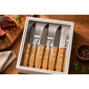 Imagem de Conjunto Talheres Churrasco Madeira Grelha BBQ Churrasqueiro Aço Inox 