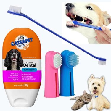 Imagem de Kit Escova De Dente Pet Pasta De Dente Para Cachorro Gato Dedeira Crem