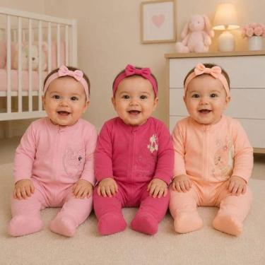 Imagem de Kit Macacao Liso Bordado c/ Zíper Suedine 3 Peças Bebê Menino Menina V