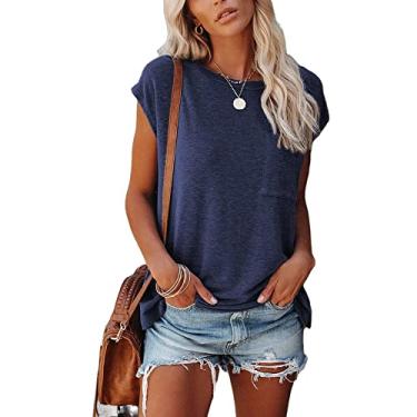 Imagem de NEYOUQE Camisetas femininas de manga longa/curta listradas em bloco de cores soltas casuais confortáveis tops tamanho plue, A002 - azul marinho, G