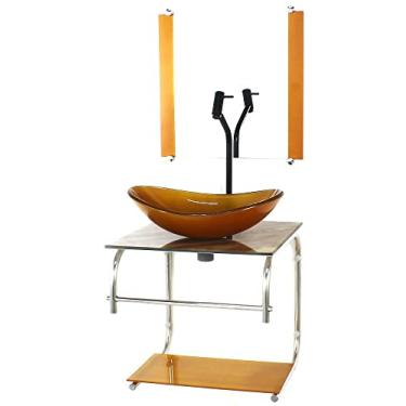 Imagem de GABINETE DE VIDRO CUBA OVAL 40CM INOX MARMORE MARFIM COM TORNEIRA PRETA