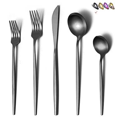Imagem de HOMQUEN - Conjunto de Talheres Preto Fosco de 20 Peças, Aço Inoxidável, Revestimento de Titânio, Serviço para 4 (Preto Fosco)