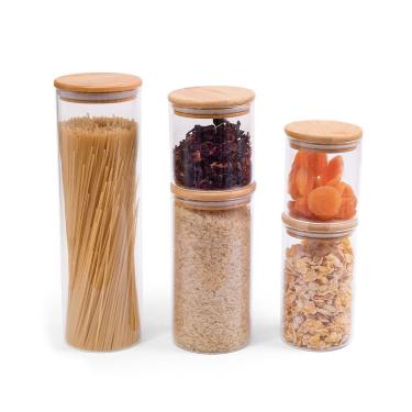 Imagem de Kit Pote de Mantimento 2000/1100/600/500/400 Tampa Bambu 5PÇ