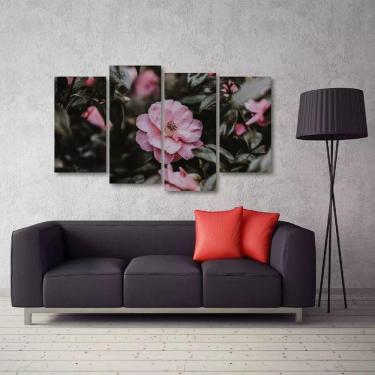 Imagem de Quadro Decorativo Flor Rosa Sala Quarto Em Tecido 4 Peças