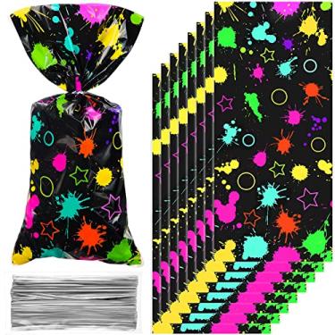 Imagem de Pacote com 100 sacos de presente de festa neon que brilham no escuro, sacos de lembrancinhas de festa de aniversário, sacos de presente neon com laços prateados para decoração de chá de bebê