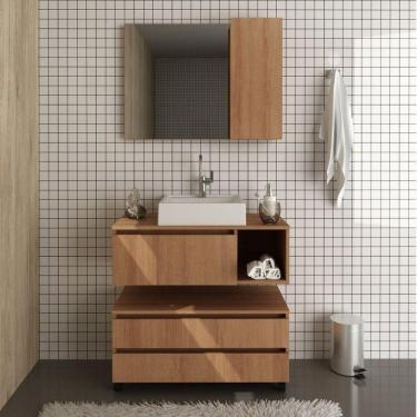 Imagem de Conjunto para Banheiro com Gabinete Espelheira e Armário com Rodizio Tecno Mobili Amendoa