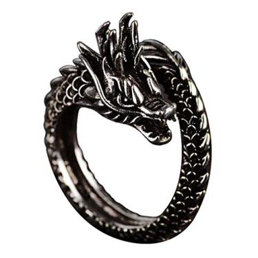 Imagem de AZYOUNG Anel de abertura unissex vintage prateado dragão superfície esculpida ajustável tamanho único