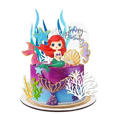 Imagem de 12 peças de enfeite de bolo de sereia, lindo topo de bolo de boneca de sereia, estrela do mar 2D, algas marinhas de cavalo-marinho, coral acrílico para festa de aniversário, chá de bebê, casamento, suprimentos para bolo de sereia