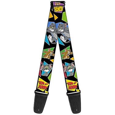 Imagem de Buckle-Down Alça de guitarra GS-WTAJ007 – Poses TOM & JERRY preta/multicolorida (vertical para SP/GS – de WTAJ004), 5 cm de largura e 73 a 137 cm de comprimento