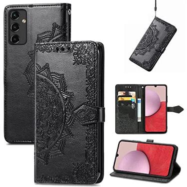 Imagem de Capas de telefone Relief Mandala para Samsung Galaxy A14 5G Capa de couro luxuosa com compartimentos magnéticos para cartão clipe de carteira à prova de choque para telefone Samsung A14 5G capas (preto, Samsung A14 5G)