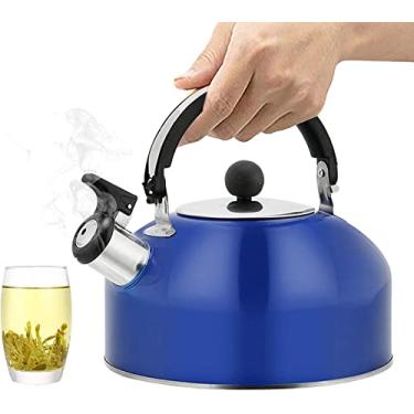 Imagem de REJOON Chaleira de aço inoxidável com apito - chaleiras de chá de fogão para fogão de halogênio fogão a lenha | Chaleira de apito alto para água de chá café (cor: azul escuro)