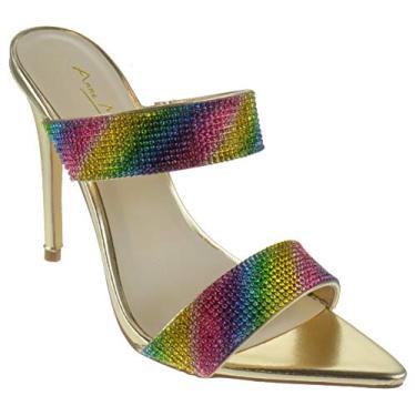 Imagem de Anne Michelle Exception Sapato feminino clássico de bico fino com salto mule e faixa dupla, Gold 42, 6