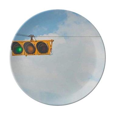 Imagem de Prato decorativo de porcelana verde azul branco céu vermelho salver louça jantar