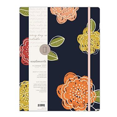 Imagem de Southworth Agenda anual 2021 (janeiro, 2021-dezembro, 2021), planejadora mensal e anual, 21,5 x 28 cm, flores florais azul-marinho, papel premium 12,7 kg/105 g/m², encadernado, 82