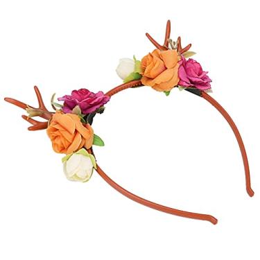 Imagem de Tiara de Chifres de Rena de Flores Elegantes Com Coroa de Guirlanda Floral para Festa Cosplay Casamento Natal, Material PE de, Macio e Confortável (Rosa vermelha)