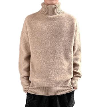 Imagem de Suéter pulôver masculino confortável gola alta cor sólida malha manga comprida inverno (Color : Khaki, Size : L)