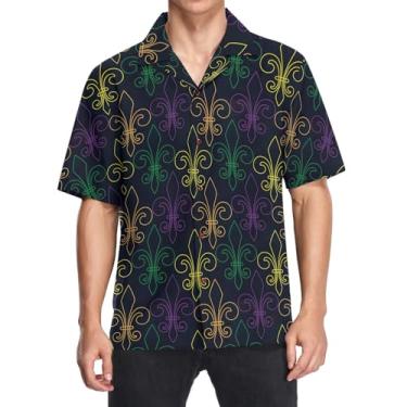 Imagem de CHIFIGNO Camisa masculina havaiana folgada com botão estampada camisa casual manga curta verão praia camisas, Carnaval de Mardi Gras, M