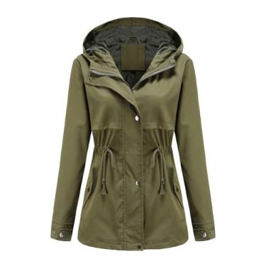 Imagem de Gerrit Casaco feminino com capuz para primavera/outono, casaco feminino com capuz de comprimento médio, jaqueta feminina justa para uso ao ar livre, Verde militar, G
