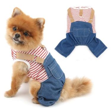 Imagem de PAIDEFUL Roupas para cães jeans macacão clássico listrado camisas babador calças para gatos verão roupas legais cachorro jeans macacão macacão filhote camiseta vestuário com bolso D-anel, vermelho, P