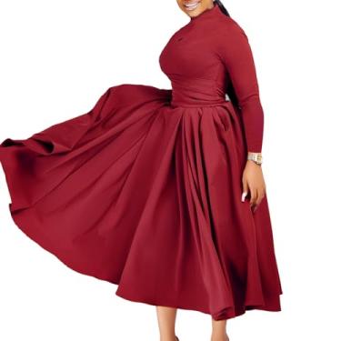 Imagem de Moda Feminina Plus Size Vestido Midi Africano Elegante Mangas Compridas Auto Gravata Cintura Alta Plissado Vestido Grande Balanço (Color : Red, Size : M)