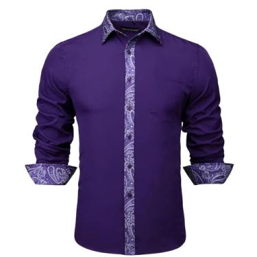 Imagem de Camisas masculinas de seda manga longa azul-petróleo sólido patch Paisley Slim blusa masculina Casaul lapela tops primavera outono, 0344, M
