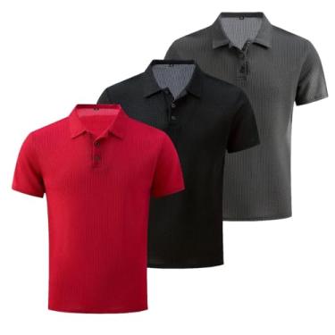 Imagem de 3 peças/conjunto de malha confortável camisa masculina elástica manga curta lapela golfe camiseta verão ao ar livre, presente para homens, Vermelho + preto + cinza escuro, GG