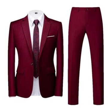 Imagem de Ternos masculinos de cor sólida casual primavera outono blazer masculino dois botões jaqueta casaco calças, Vinho tinto 1, Medium