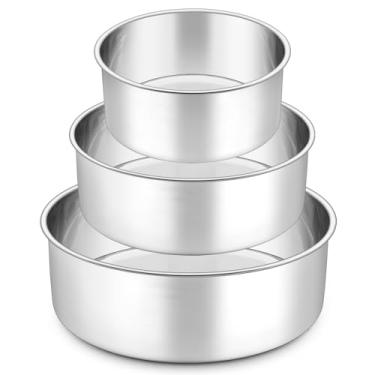 Imagem de P&P CHEF Conjunto de formas de bolo de 15 + 23 cm + 24 cm, assadeira redonda de aço inoxidável, formas de forno para bolo de casamento, não tóxicas e resistentes, acabamento lateral profundo e