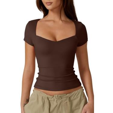 Imagem de QINSEN Camiseta feminina de manga curta gola redonda slim fit básica moderna, Castanho, M