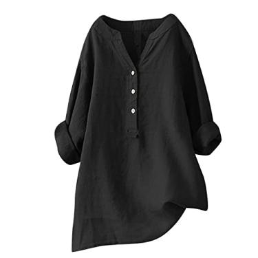 Imagem de Blusas femininas de verão 2024 camisas de linho casuais soltas gola V meio botão túnica blusa de verão de manga comprida lisa 3/4, Ofertas relâmpago preto, 5G