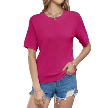 Imagem de Tankaneo Camisetas femininas de malha de manga curta 2024 casual verão gola redonda básica suéter canelado, rosa, G
