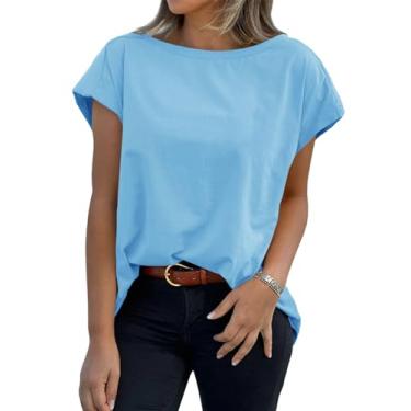 Imagem de Tankaneo Camisetas femininas de verão de manga curta, casual, caimento solto, gola redonda, camisetas básicas, Azul, P