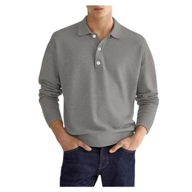 Imagem de Camisa polo masculina meia frente botões cor sólida gola larga cintura elástica, Cinza, M