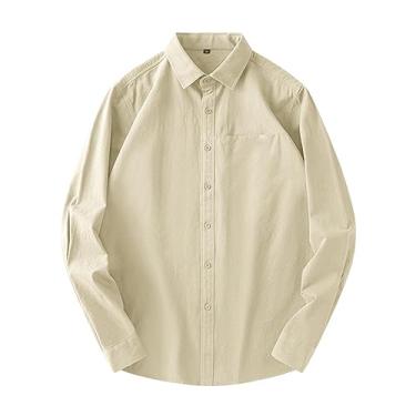 Imagem de Camisa social masculina de cor lisa abotoada manga longa camisa formal sem rugas, Bege, XG
