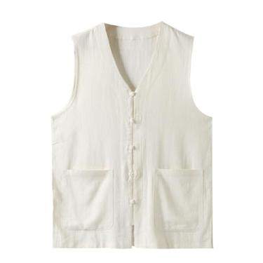 Imagem de Colete masculino casual cor sólida botão sapo colete streetwear gola V leve solto, Bege, 5X-Large