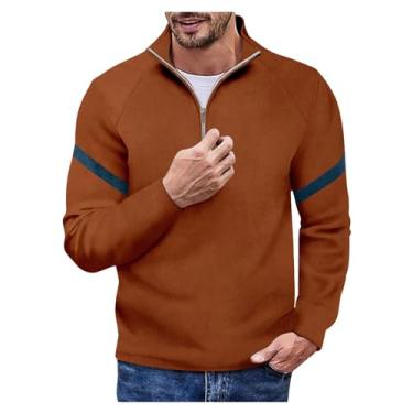Imagem de Camisa polo masculina combinando cor metade frontal zíper camisa de golfe gola alta padrão listrado pulôver, Marrom-escuro, XG