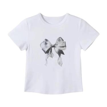 Imagem de Giltpeak Camiseta feminina com estampa de laço Y2K gola redonda linda estampa de bebê camisetas curtas manga curta roupas estéticas, Modelo atualizado - Branco - Floral prateado, One Size Short