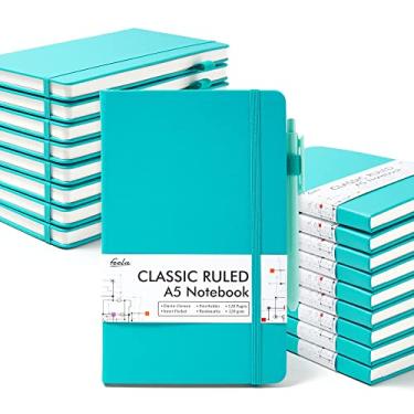 Imagem de feela Pacote com 18 cadernos para trabalho, caderno de negócios, capa dura, forrada, com suporte para caneta, para anotações, masculino e feminino, com 18 canetas pretas, 120 g/m², 13 cm x 21 cm, A5, esmeralda
